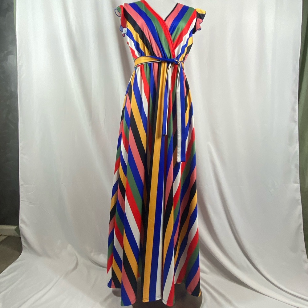 Multi colored belted maxi dress